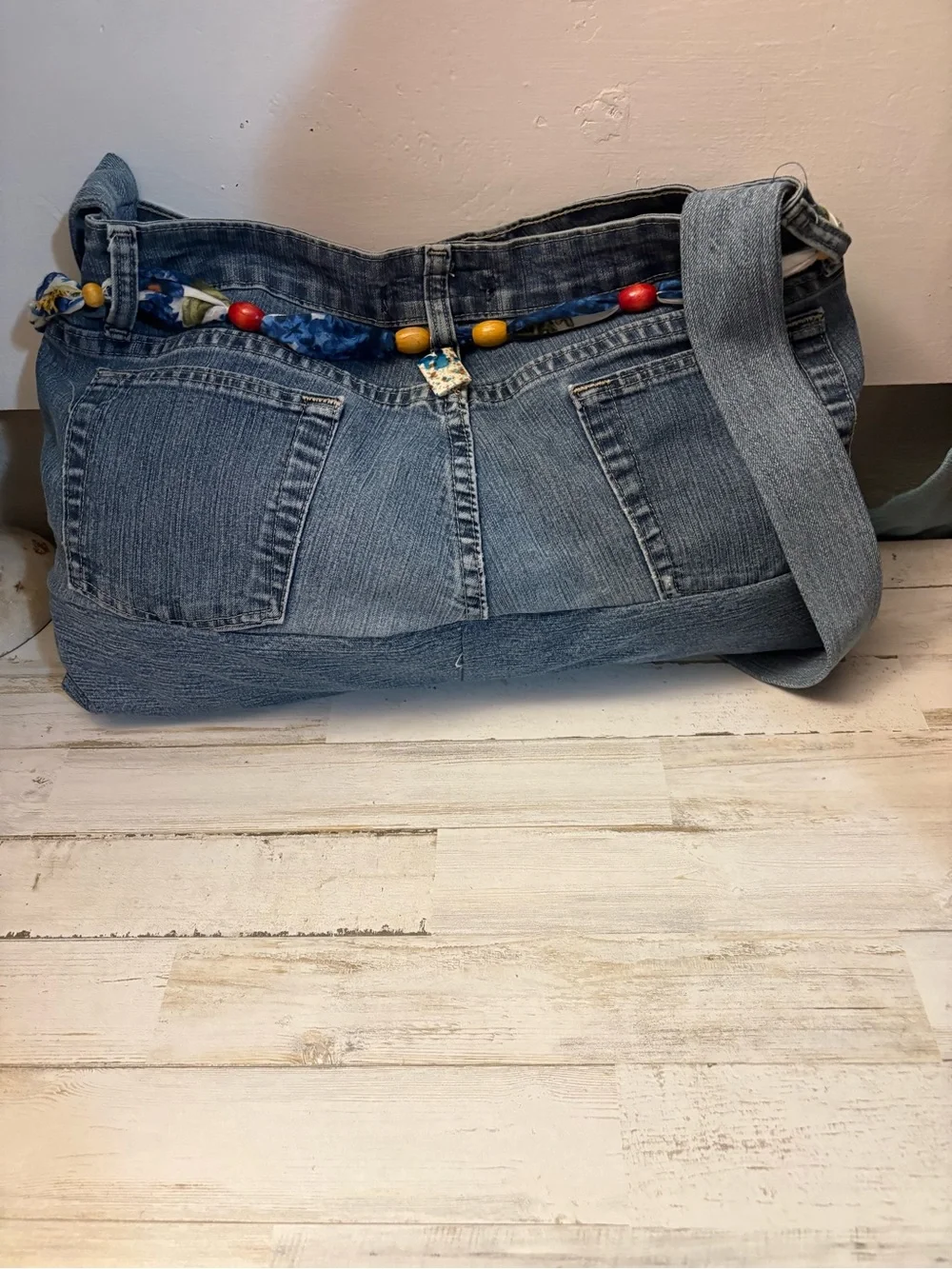 Casual Denim Satchel Crossbody Bag - Blue homemade jewels around the belt